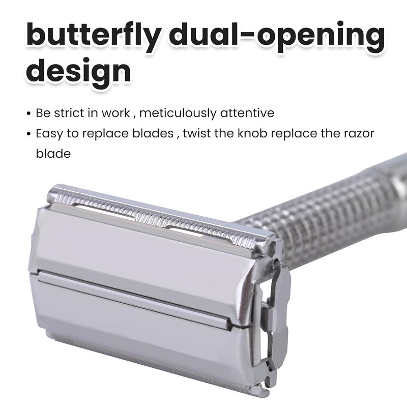 Keropy Double Edge Single Blade Safety Razor For Men and Women With 10 Premium Stainless Steel Refill Butterfly Metal Safety Razor, Reusable, Smooth Wet Shaving Experience, Eco-Friendly - Image 5